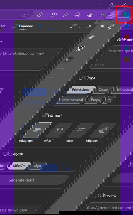 Composing new text with Copilot in Edge.