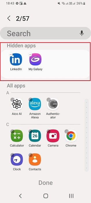 Список скрытых приложений в настройках рабочего стола Android