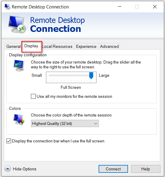 Вкладка Экран в Remote Desktop Connection