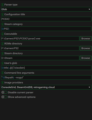 Скриншот окна парсера Steam Rom Manager с настройками для PCSX2