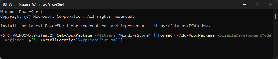 Commande PowerShell pour réenregistrer Microsoft Store pour tous les utilisateurs