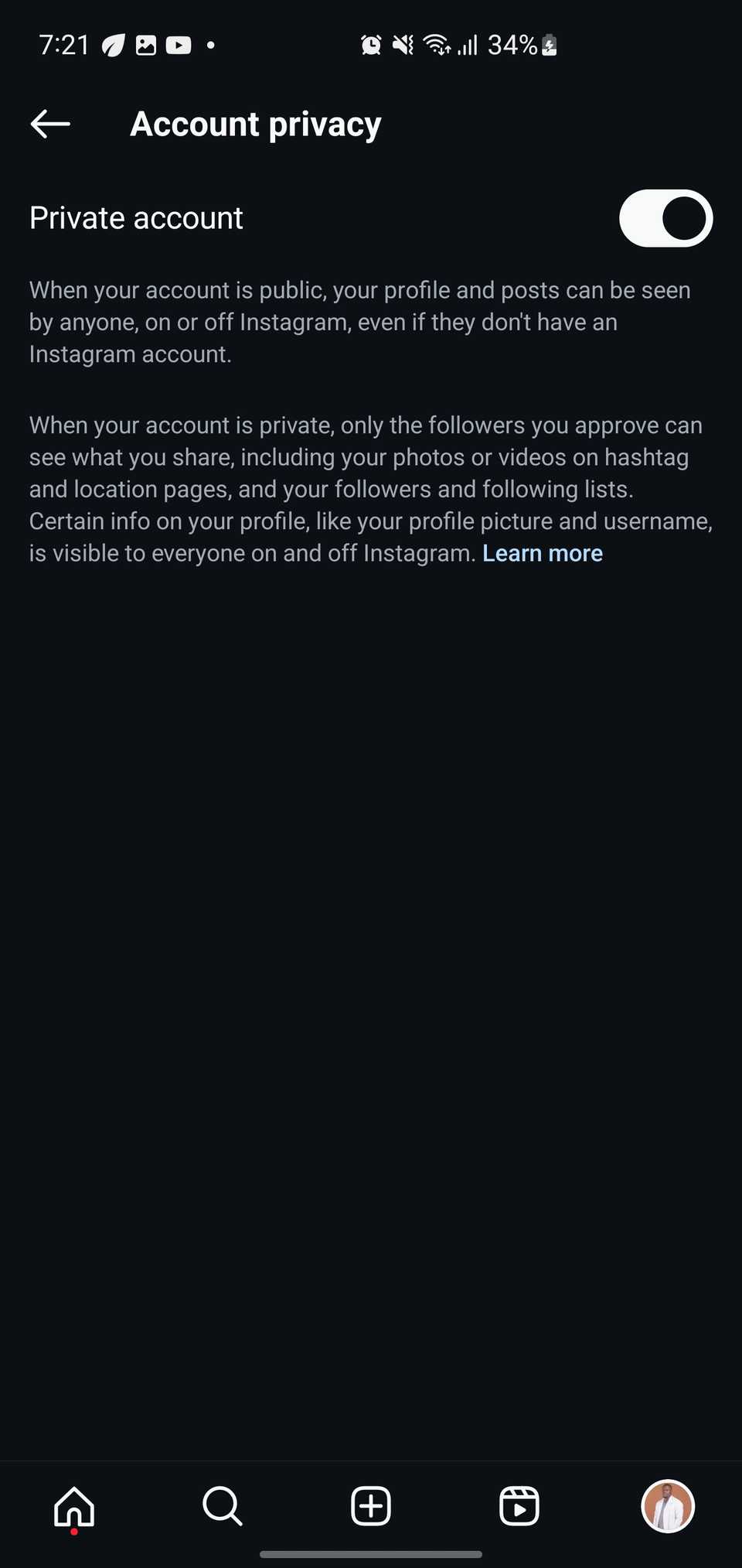 Переключатель «Приватный аккаунт» в Instagram.