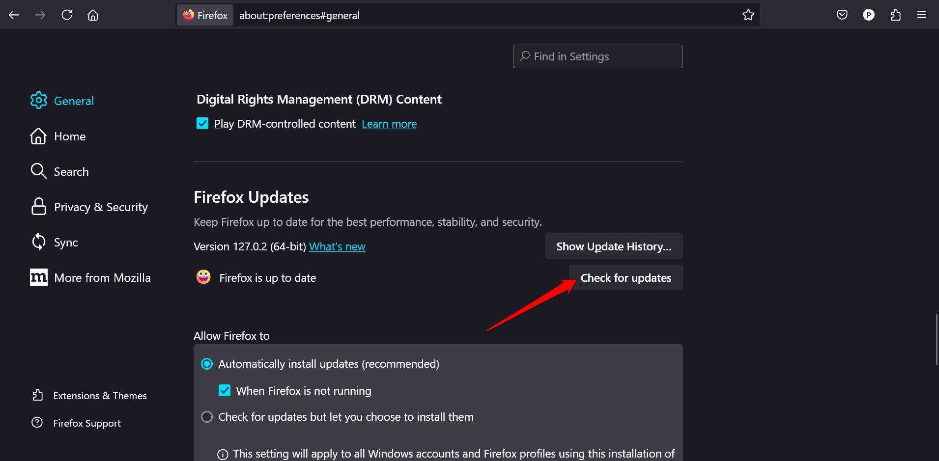 Controllo aggiornamenti in Firefox nelle preferenze