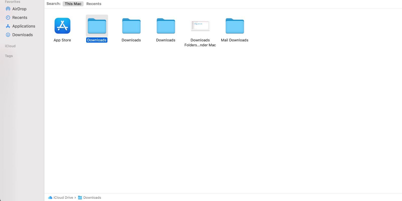 Результаты поиска папки «Загрузки» в Finder