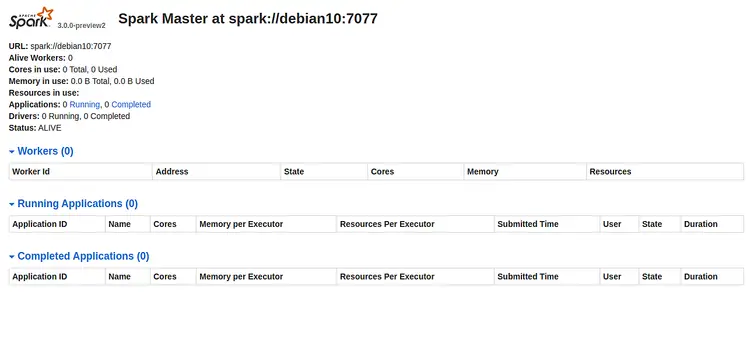 Веб-интерфейс Master Apache Spark, показывающий URL spark://debian10:7077