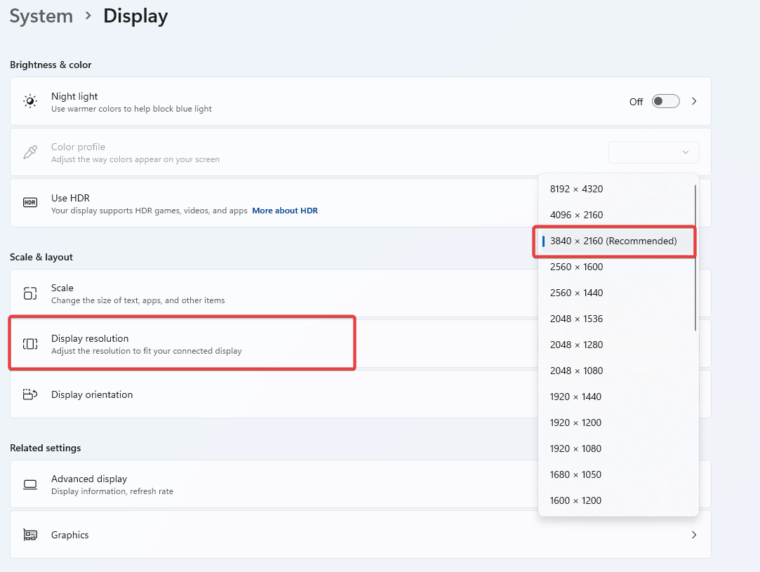 Выбор разрешения экрана