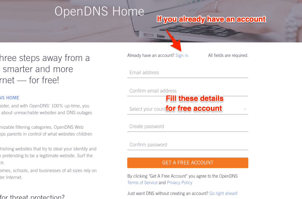 Formulaire d'inscription OpenDNS Home gratuit