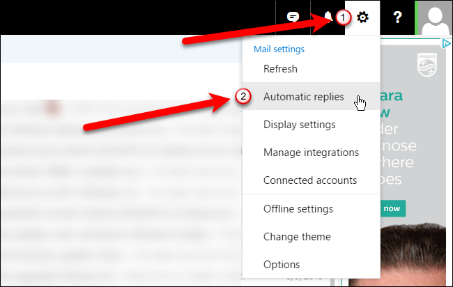 Пункт меню Автоматические ответы в Outlook.com