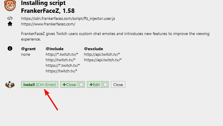 Процесс установки скрипта FrankerFaceZ в менеджер скриптов