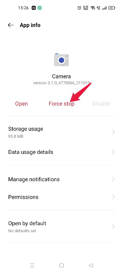 Кнопка Принудительная остановка приложения Камера