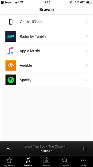 Страница 'Browse' в приложении Sonos с разделом Audible