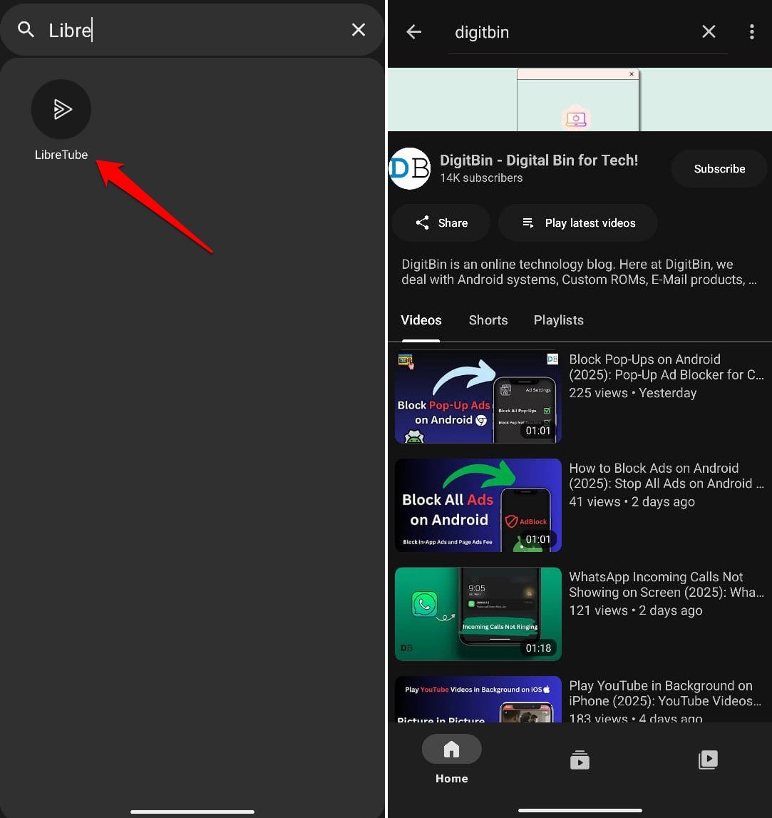 LibreTube: интерфейс приложения после установки и запуск воспроизведения