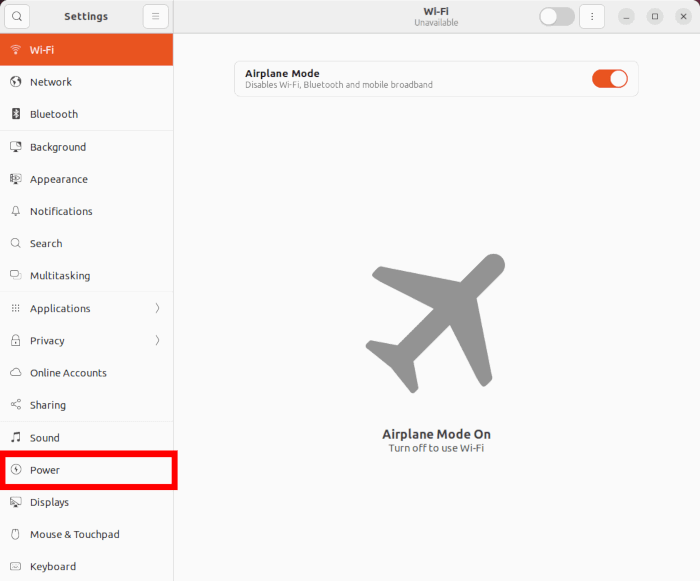 Окно настроек Ubuntu: раздел «Power» выделен