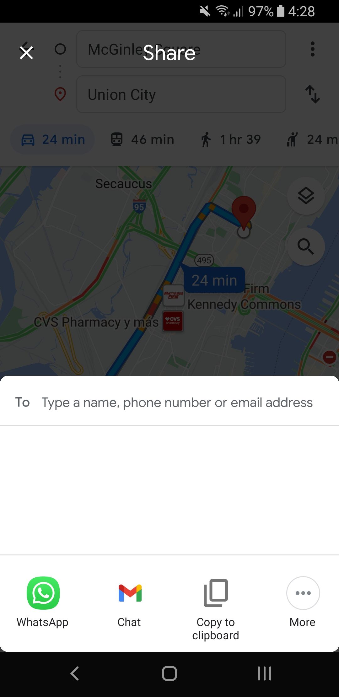 Экран поделиться маршрутом в Google Maps на Android