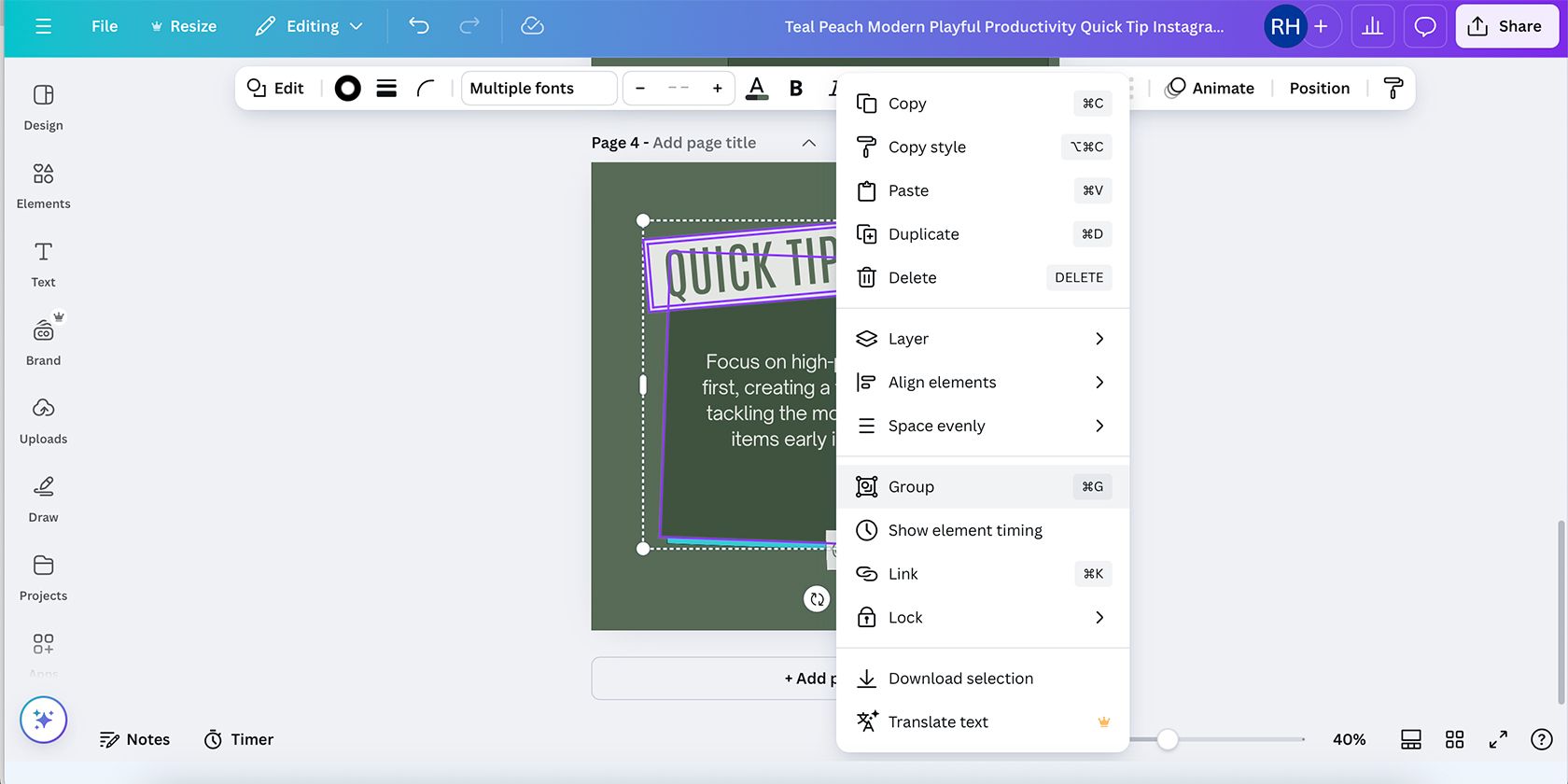 Контекстное меню с группировкой в браузере Canva