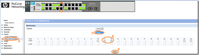 Назначение портов в трак на HP 1810G