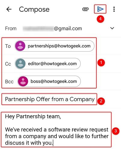 Создание и отправка письма в Gmail на мобильном.