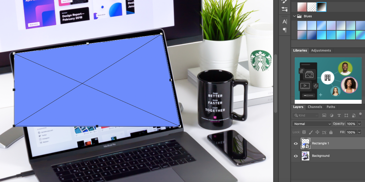 Скриншот Photoshop: трансформация смарт-объекта для выравнивания по экрану.