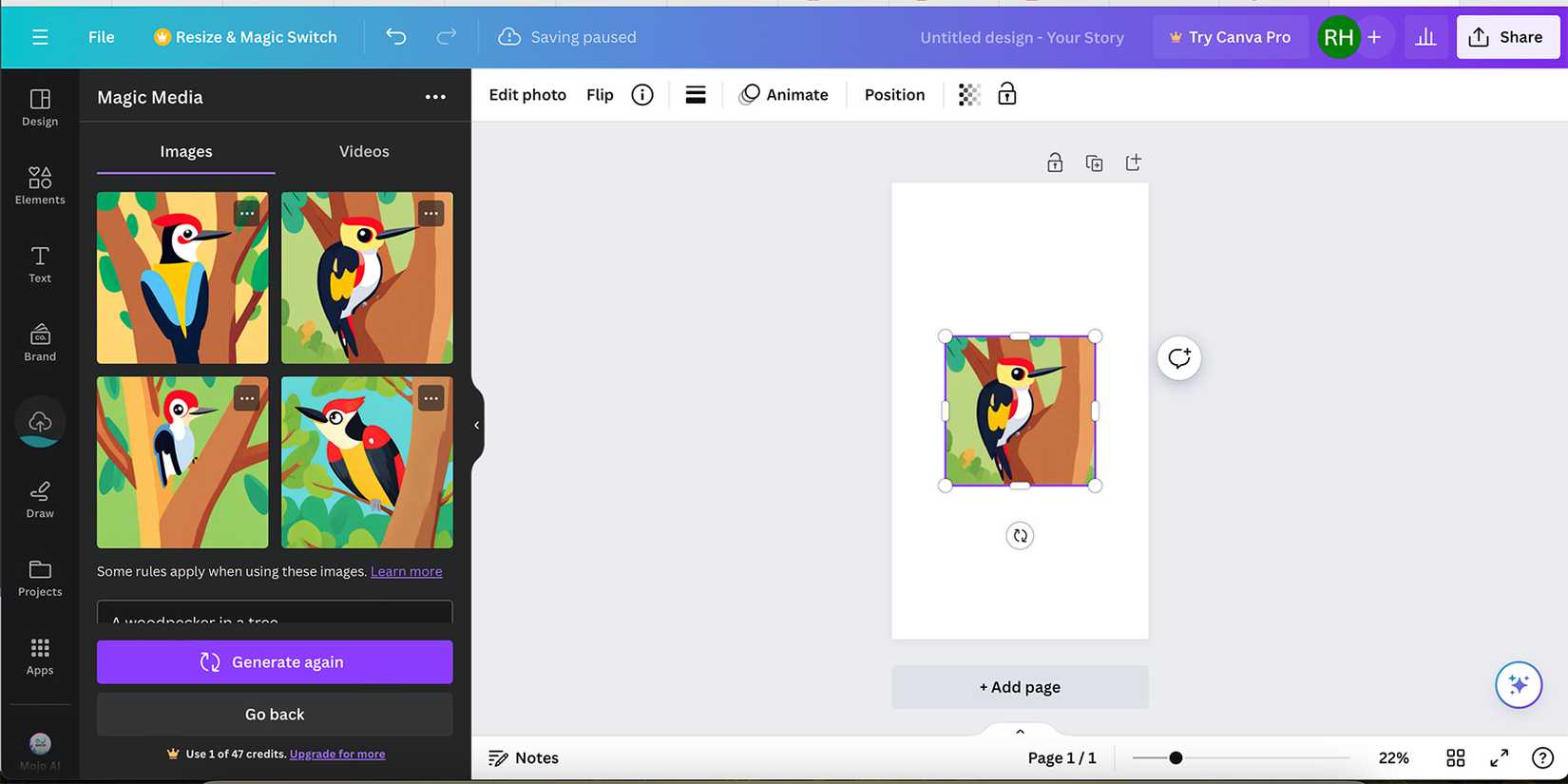 Сгенерированная ИИ картинка дятла в Canva