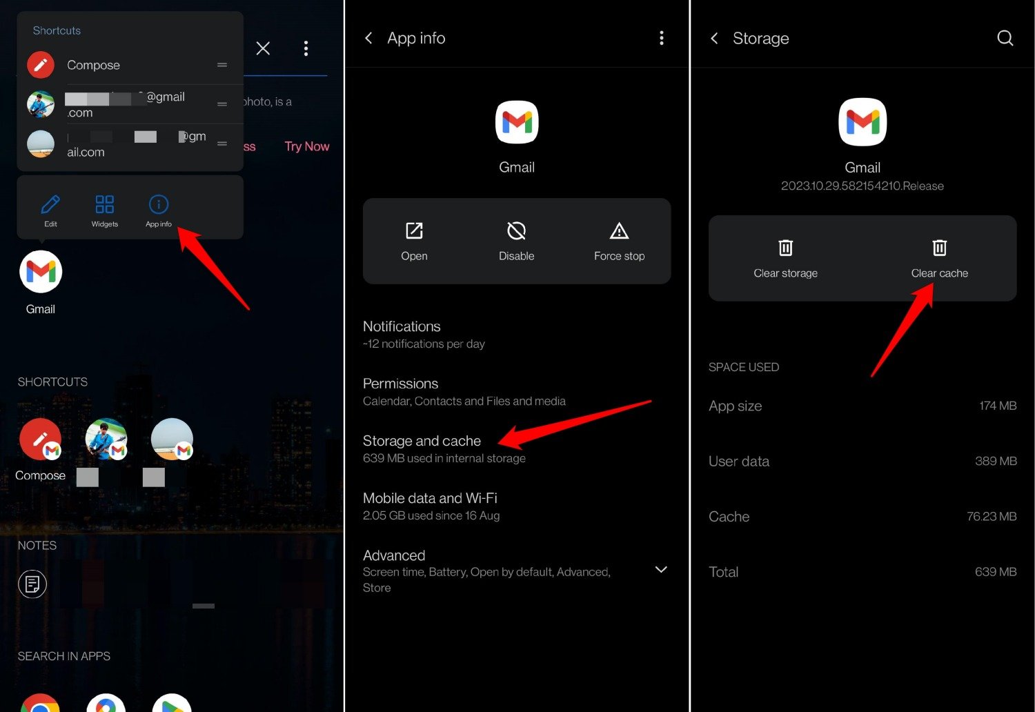 Очистка кэша приложения Gmail в настройках Android