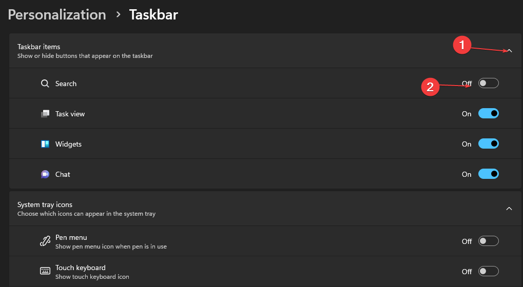 Параметры элементов панели задач — отключение поиска