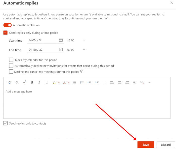 Кнопка Сохранить в настройках автоответов