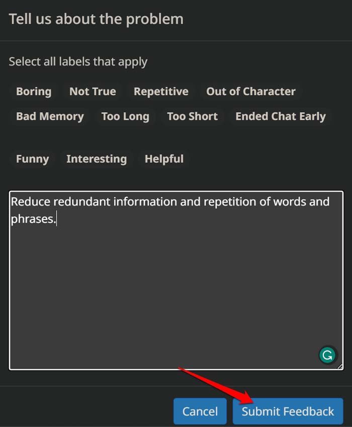 Soumettre un feedback dans Character AI