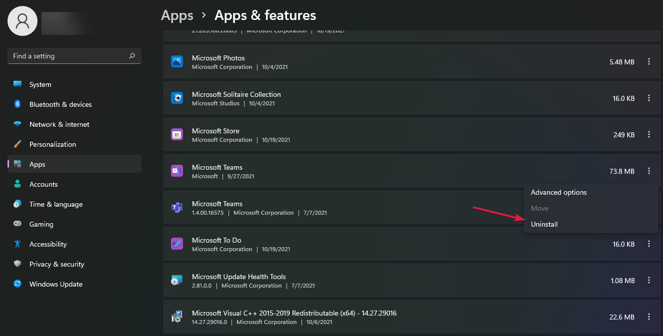 Процесс удаления Teams через Параметры