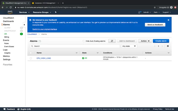 Интерфейс списка тревог в CloudWatch