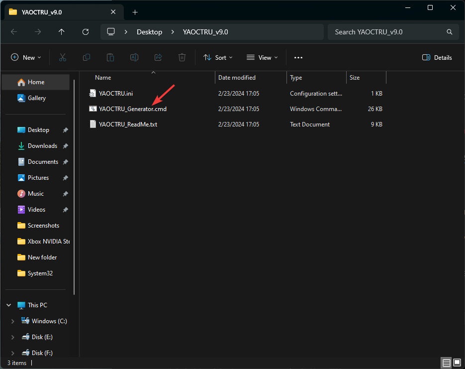 Папка с файлом YAOCTRU_Generator.cmd выделенным в списке