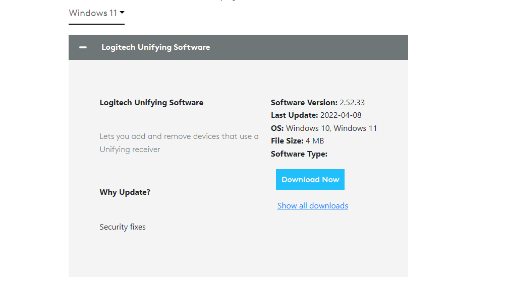 Страница загрузки Logitech Unifying Software