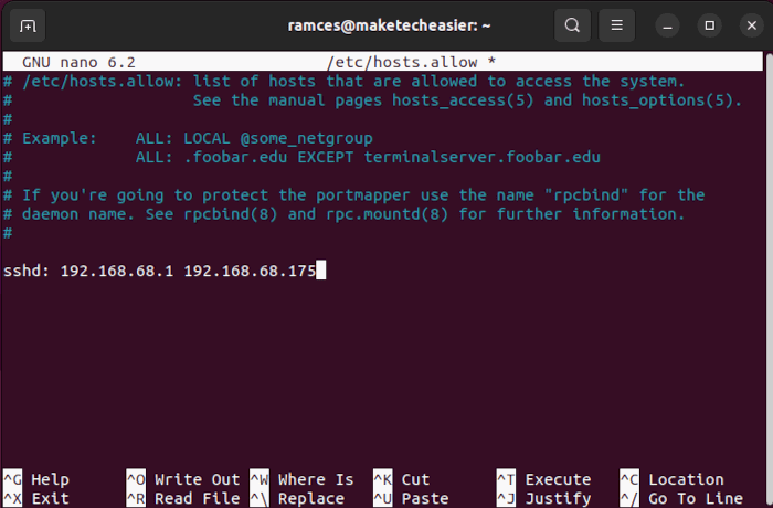 Изображение: редактирование hosts.allow для фильтрации доступа по IP