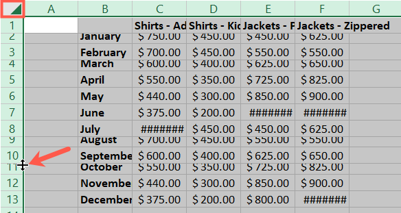 Выделение всей таблицы и изменение размеров всех ячеек
