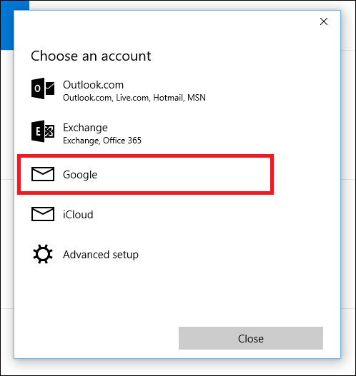 Окно входа Google в Календаре Windows 10