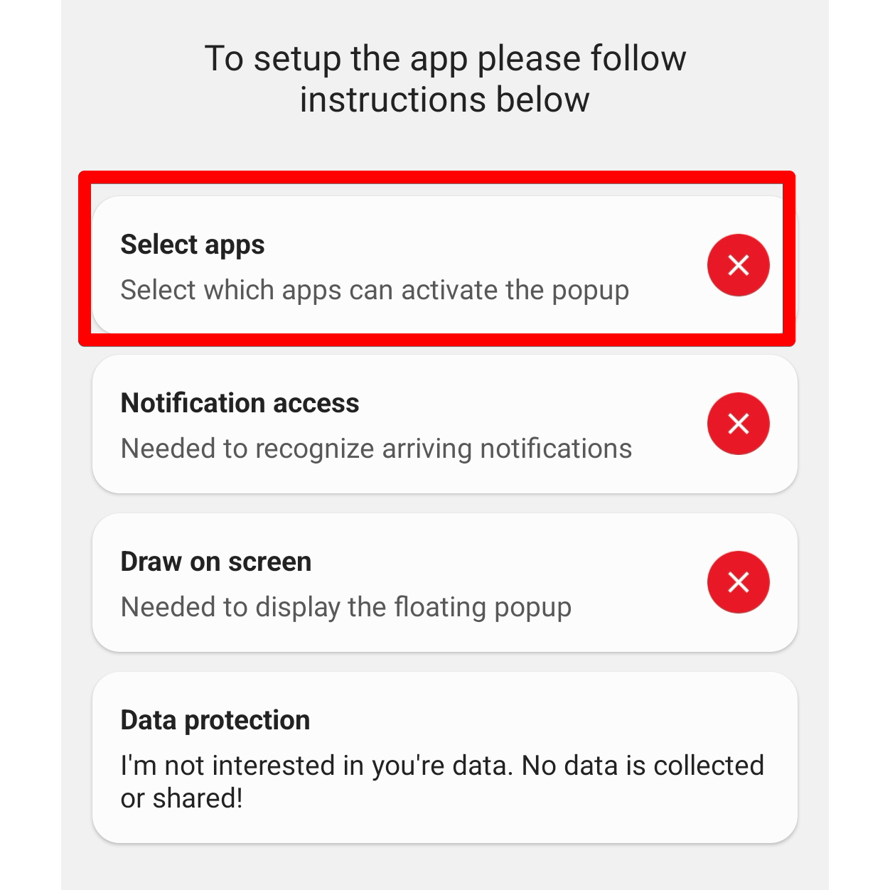The Dynamic Spot app's setup screen listing all permissions that needs to be granted for the app to work. 
