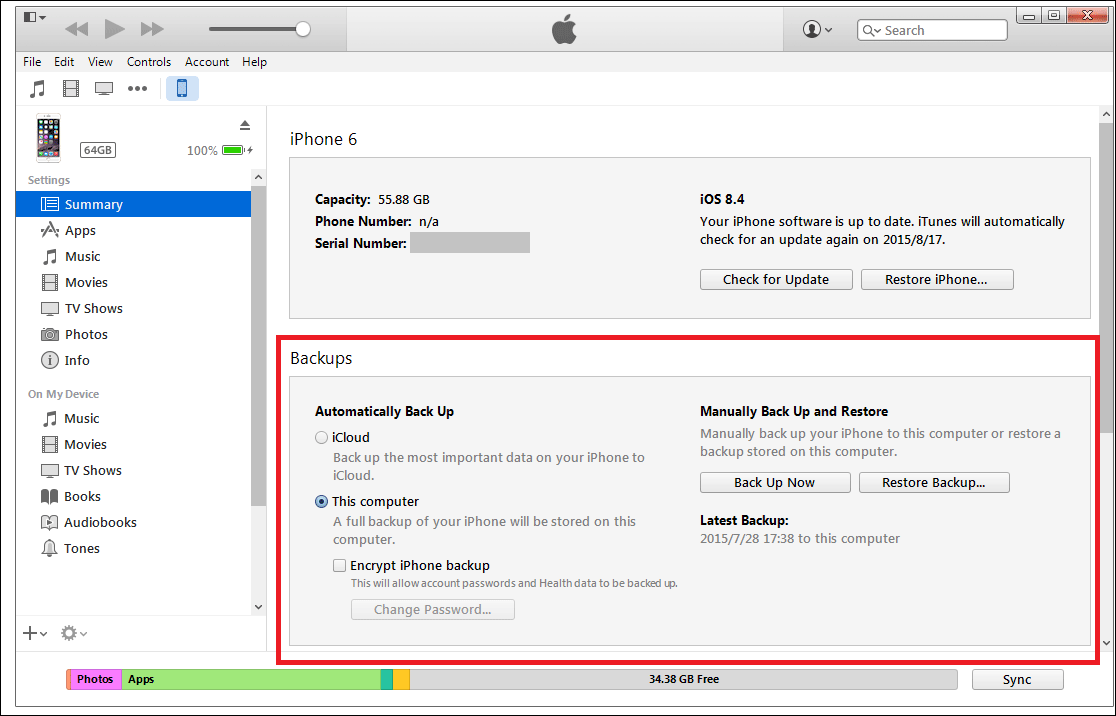 Экран устройства в iTunes с иконкой телефона