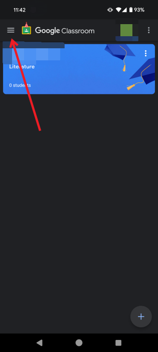 Нажатие на меню в мобильном приложении Google Classroom на Android.