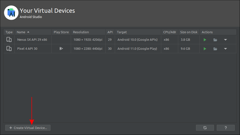 Скриншот создания эмулятора Android