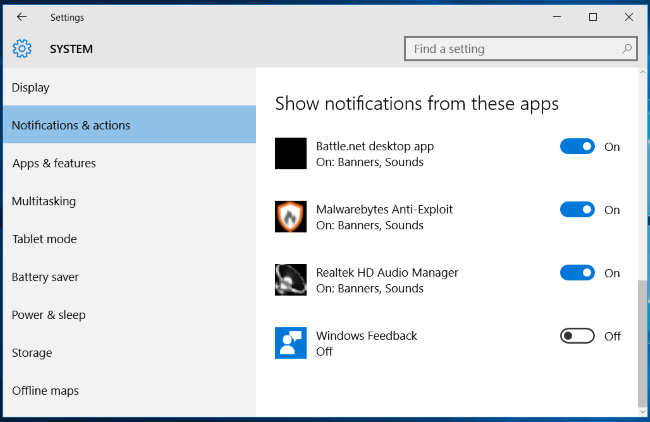 Список приложений с уведомлениями в Windows 10