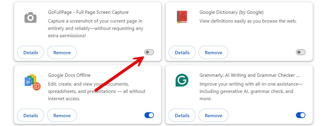 Отключение расширения в Chrome.