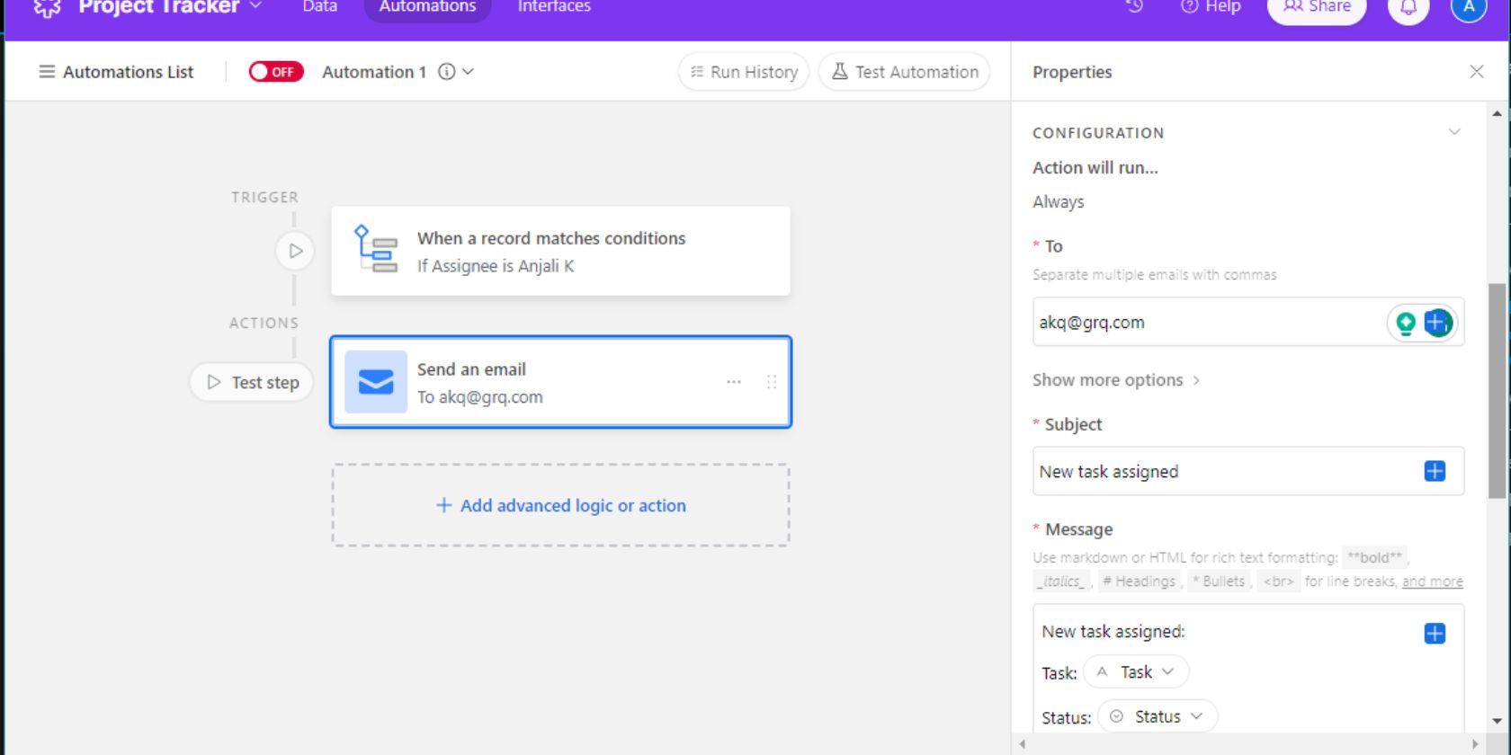Скриншот конфигурации действия в Airtable