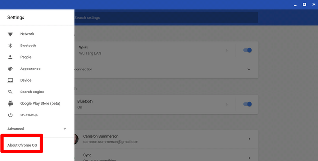 Раздел About Chrome OS в настройках