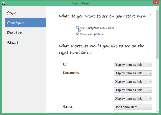 Экран настроек Configure в ViStart