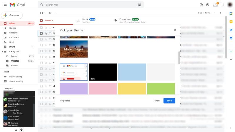 Просмотр тёмной темы Gmail с примером интерфейса