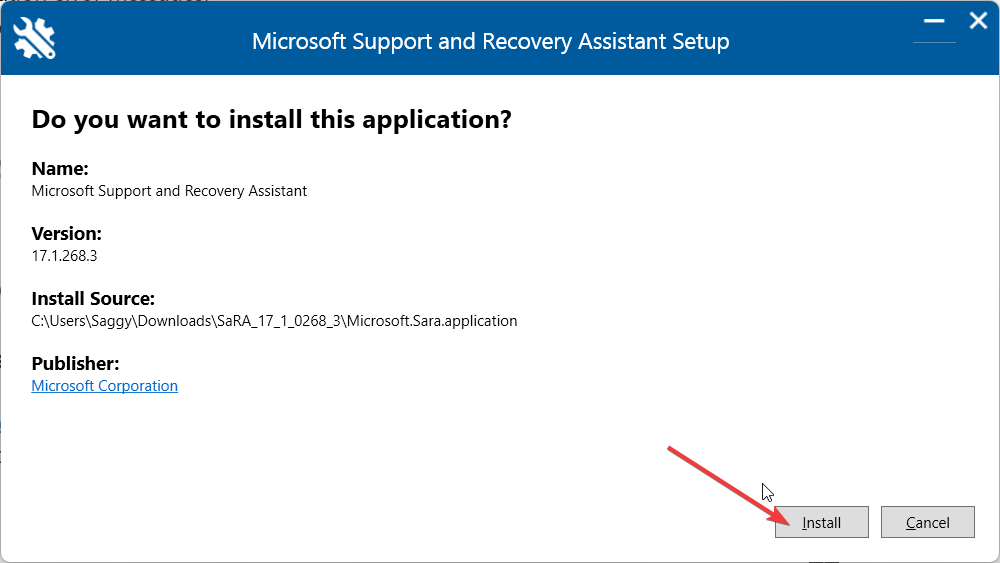 Установка Recovery Assistant — подтверждение установки