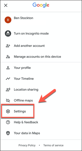 Выберите Настройки в меню Google Maps