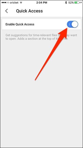 Тумблер включения Быстрого доступа в iPhone-приложении Google Drive