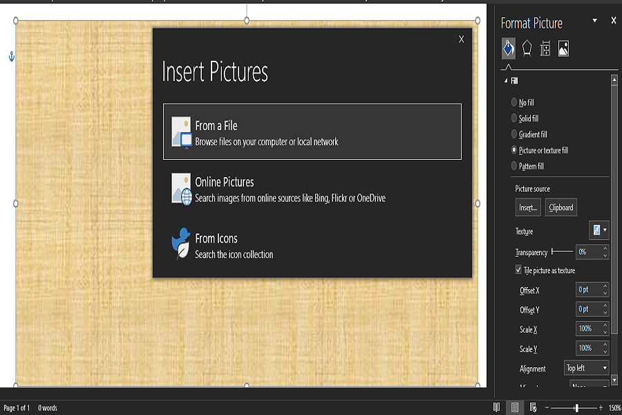 Диалог вставки изображения для заливки фигуры в Microsoft Word