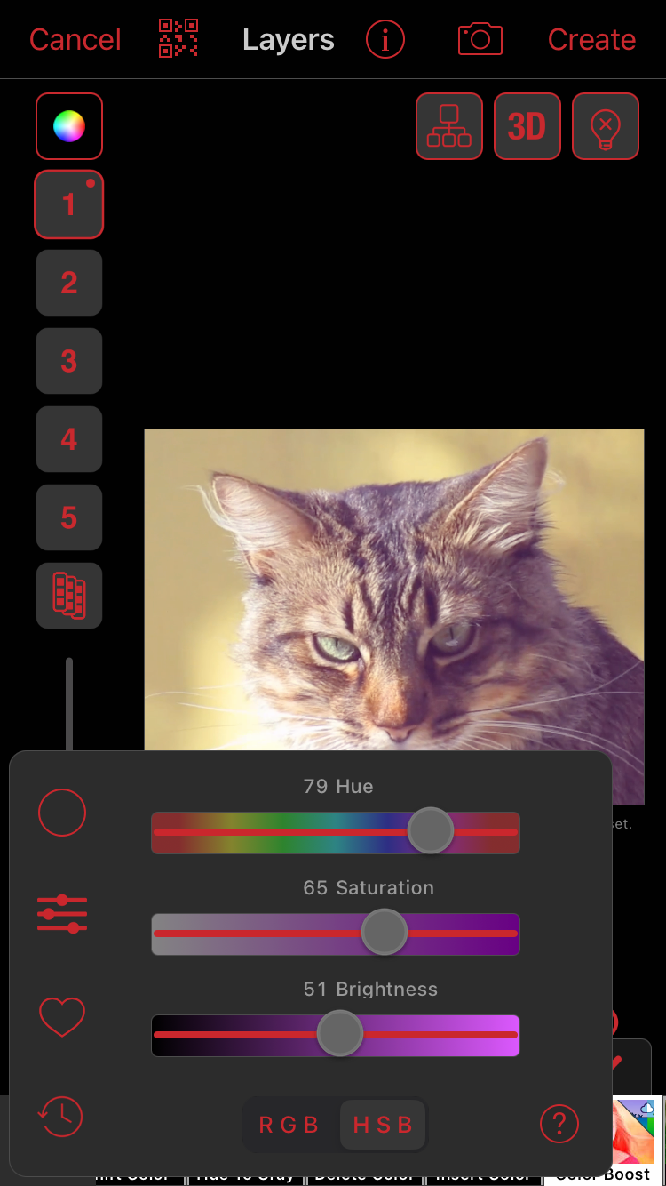 Панель HSB с регуляторами оттенка, насыщенности и яркости
