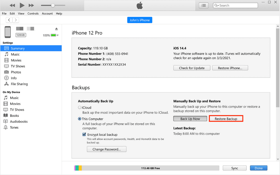 Восстановление через iTunes/Finder — раздел Обзор